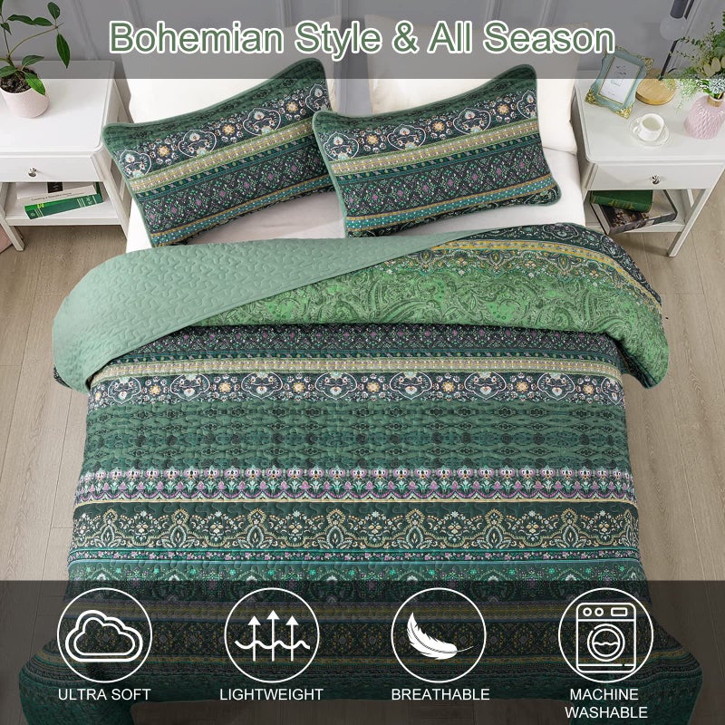 WONGS BEDDING Boho Quilt Queen Size  Green Bohemian Queen Quilt  Lightweight Microfiber Bed Decor Bedspread for All Season 96""x90""(3 Pieces) - Image 4